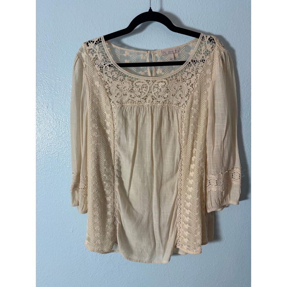 CJ Banks Cream Lace Crochet Peasant Blouse Embroidery 3/4 Sleeve L Boho Romantic